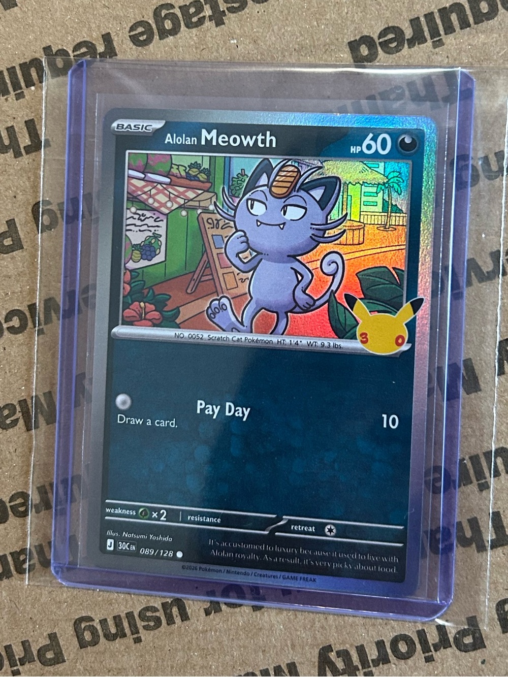 Holo Alolan Meowth Card No. 089/128 ⢠30th Celebration Pokemon TCG